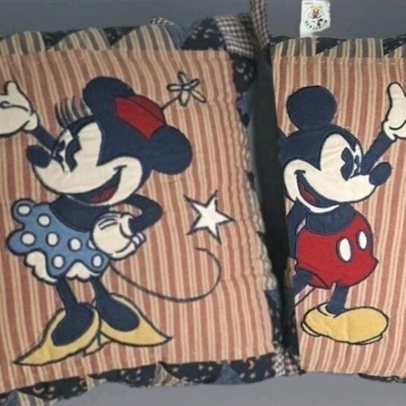 Vintage Mickey Minnie Matching Pillows Embroidered Stitched Quilted Mickey Co - Picture 1 of 16